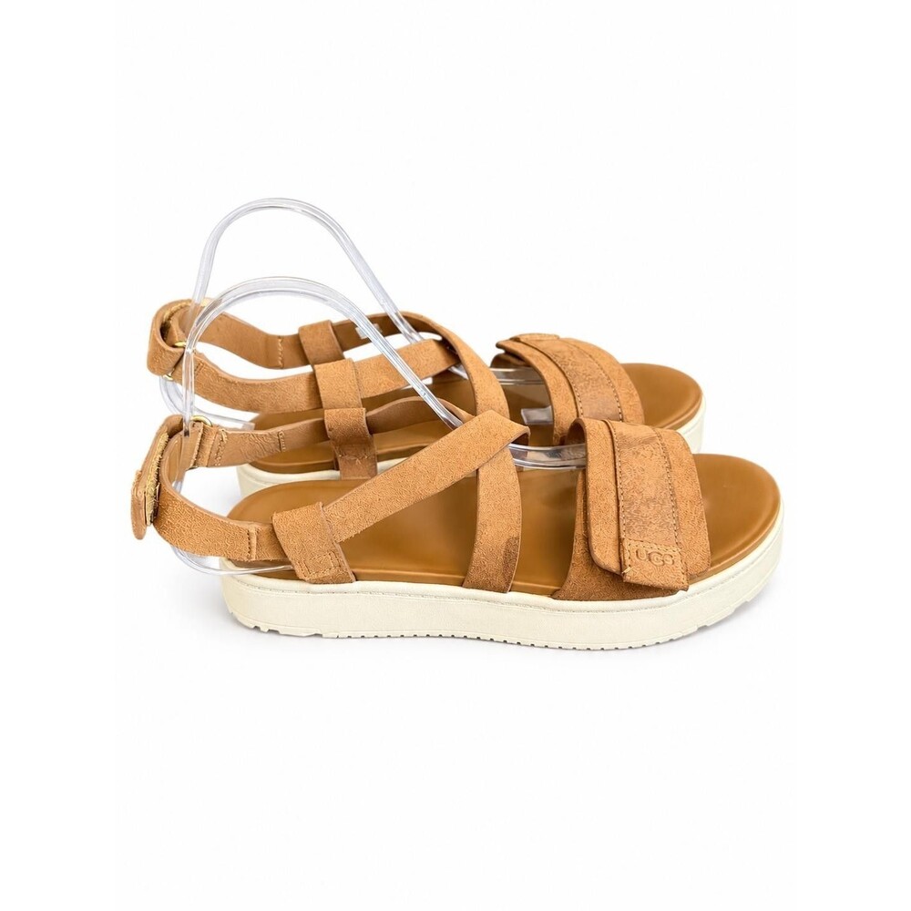 UGG Womens Tan Suede Strappy Platform Sandals Velkro Ankle Strap Size 9.5